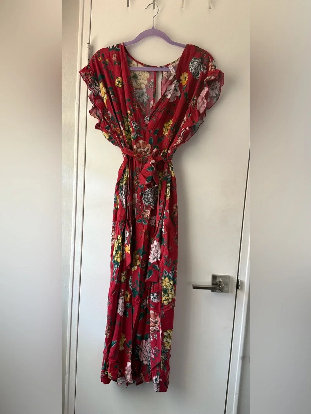 Xhilaration Floral Wide Leg Jumpsuit Red Wrap Tie Waist Medium Tropical Y2K